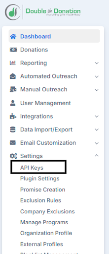 image of Double the Donation account menu showing the API Keys option under Settings.