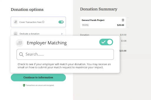 image of employer matching search bar when donating to a Studio campaign or embedded form