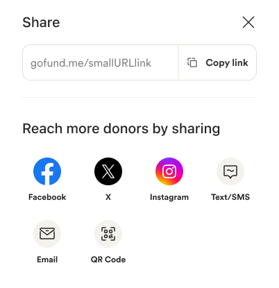Image of share options, including icons for Facebook, X, Instagram, Text/SMS, Email, and QR Code