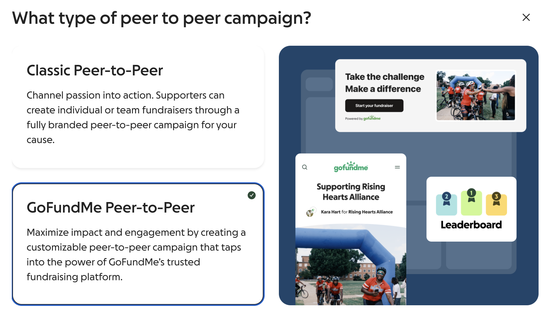 image of peer-to-peer create modal page. Shows the two options of Classic or GoFundMe.