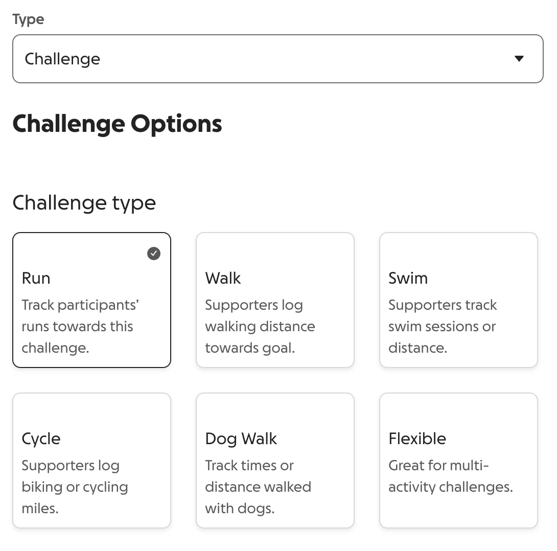 image of challenge settings with six activity types: Run, Walk, Swim, Cycle, Dog Walk, Flexible