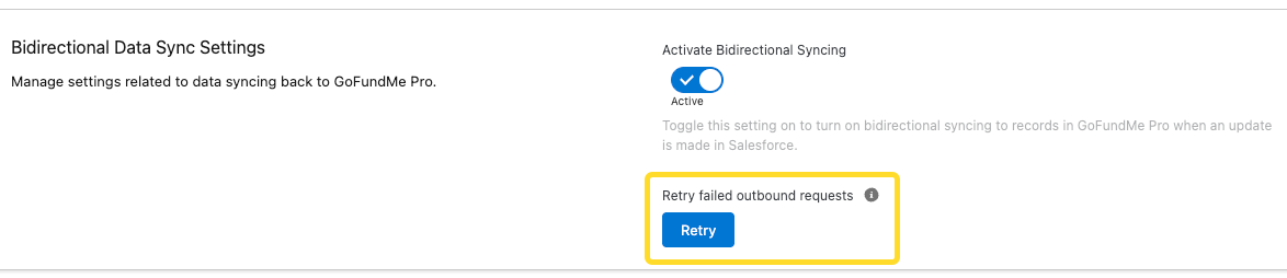 image of Retry button within the Bidirectional Data Sync Settings in the GoFundMe Pro Control Panel