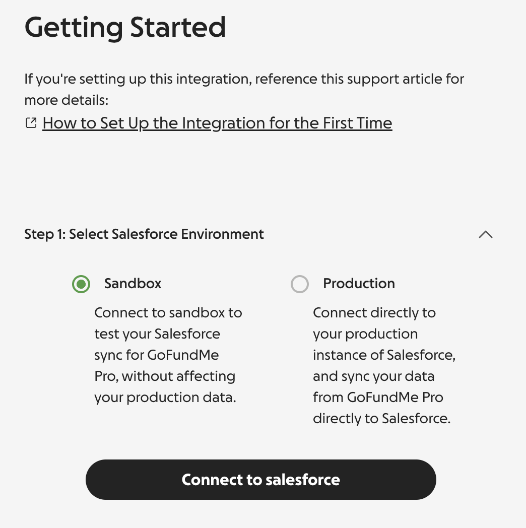 screenshot of setting up the integration in GoFundMe Pro Manager and selecting a sandbox environment