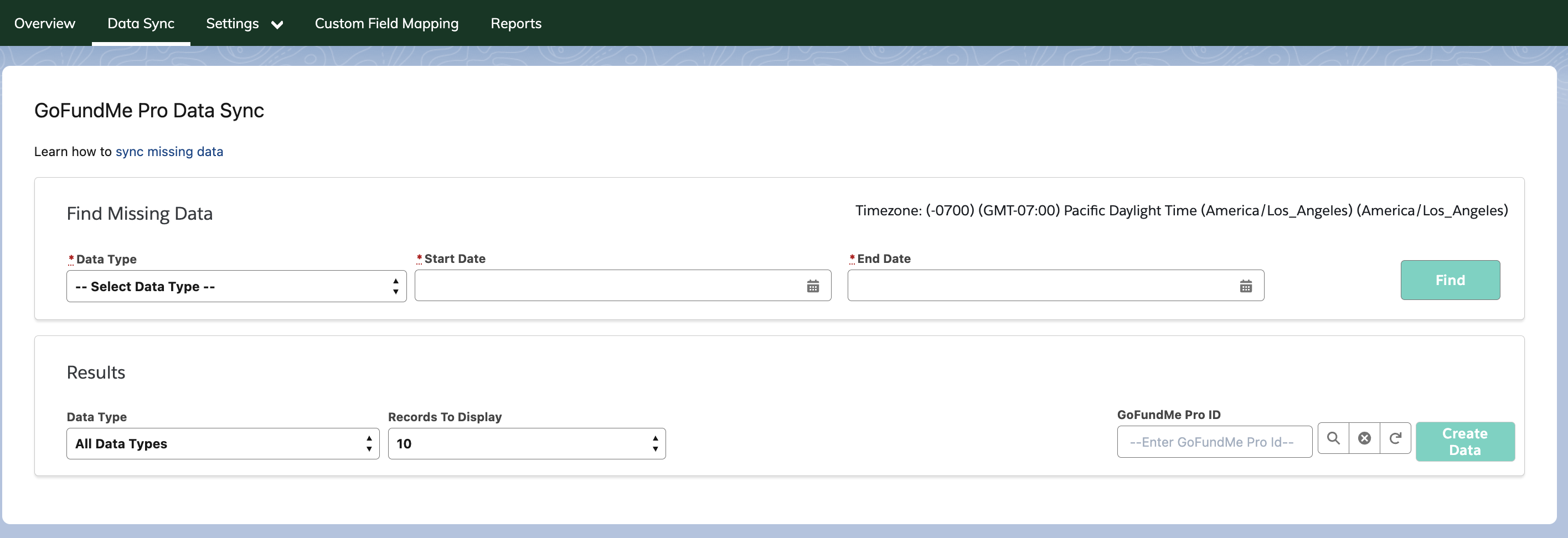 image of data sync tool page within the control panel