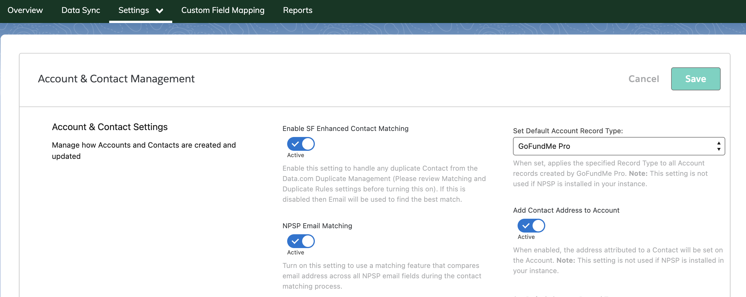 image of settings menu within the control panel
