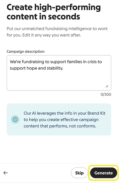 screenshot of generate button during donation page creation