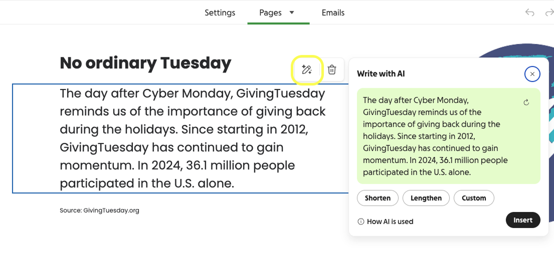image of AI button in a text block
