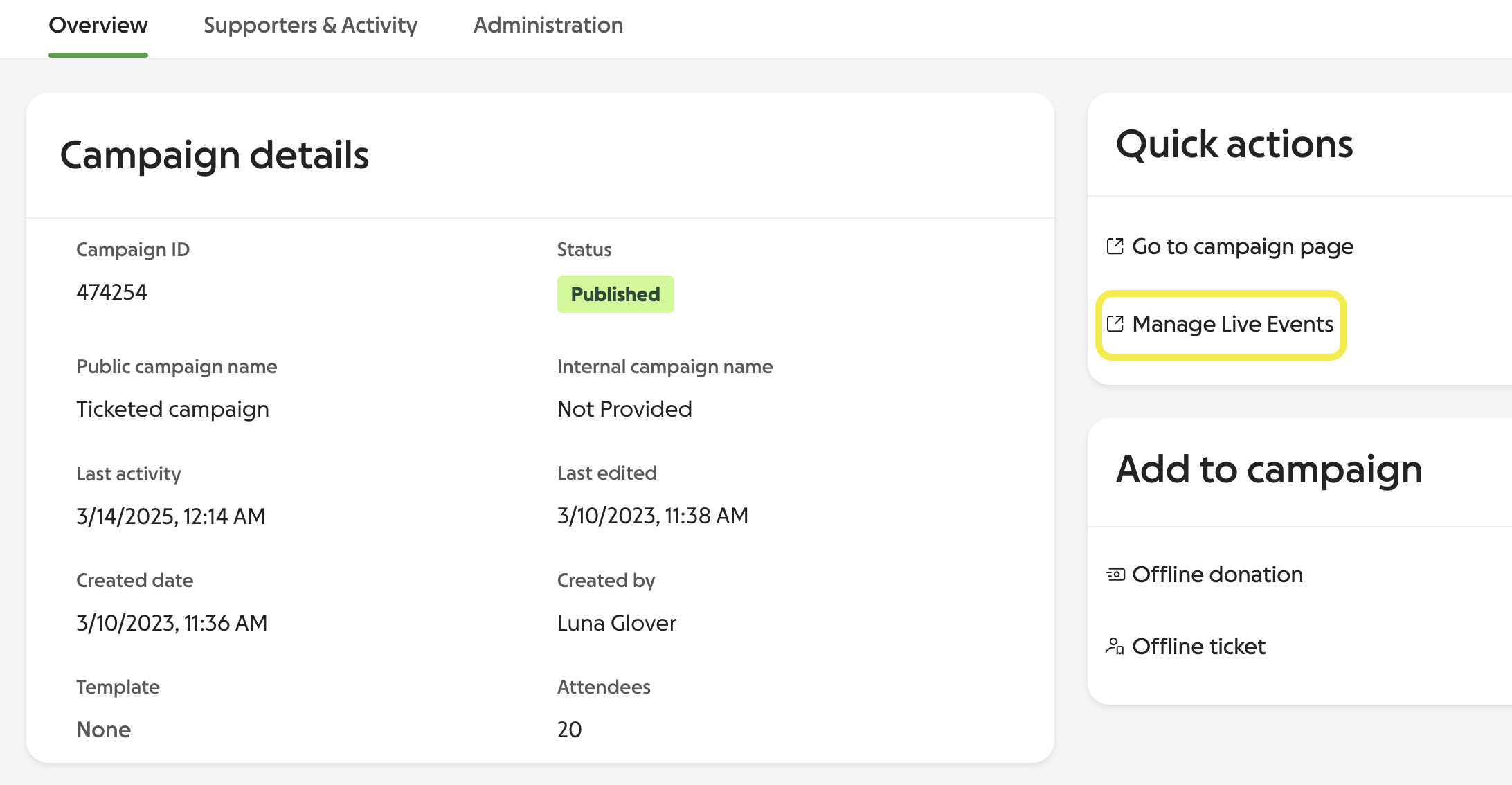 image of manage Live Events link in the GoFundMe Pro campaign