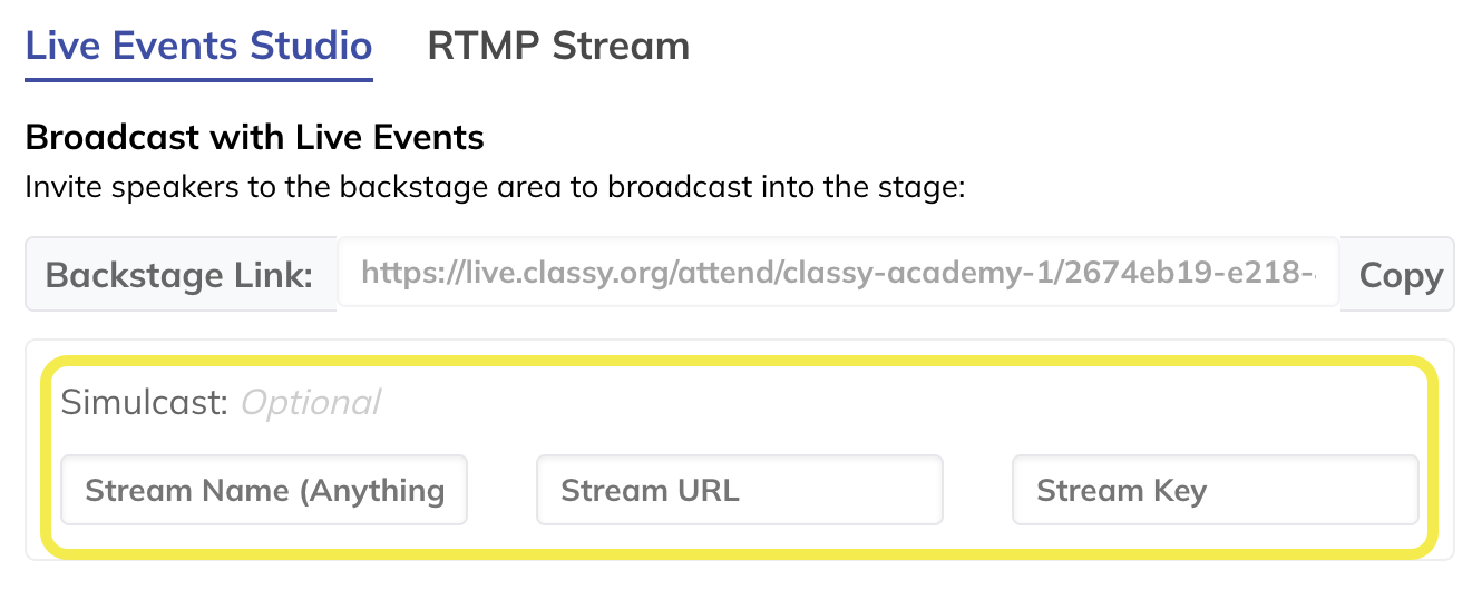 screenshot of simulcast setting for Live Events