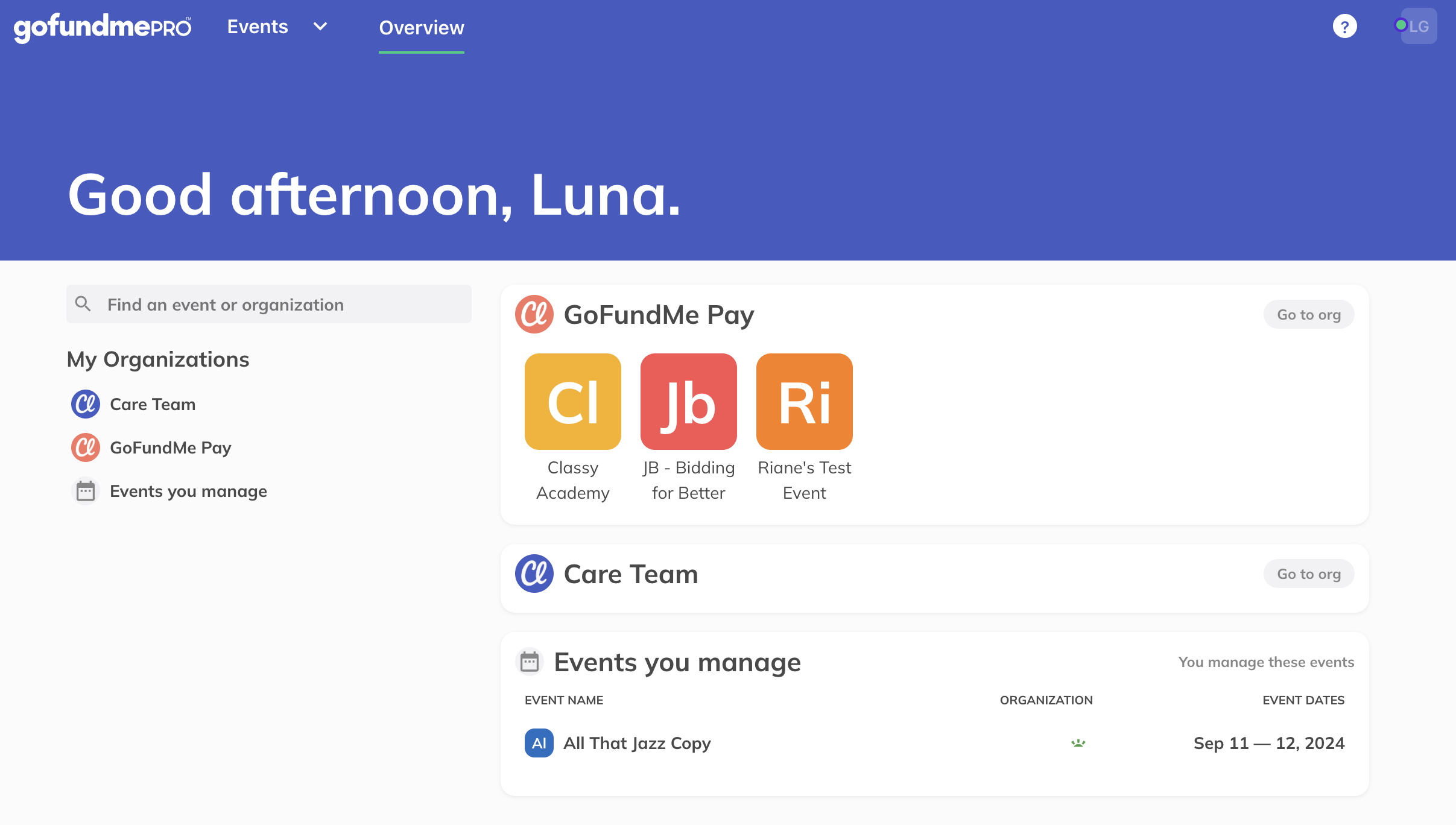 screenshot of example Live Events home page