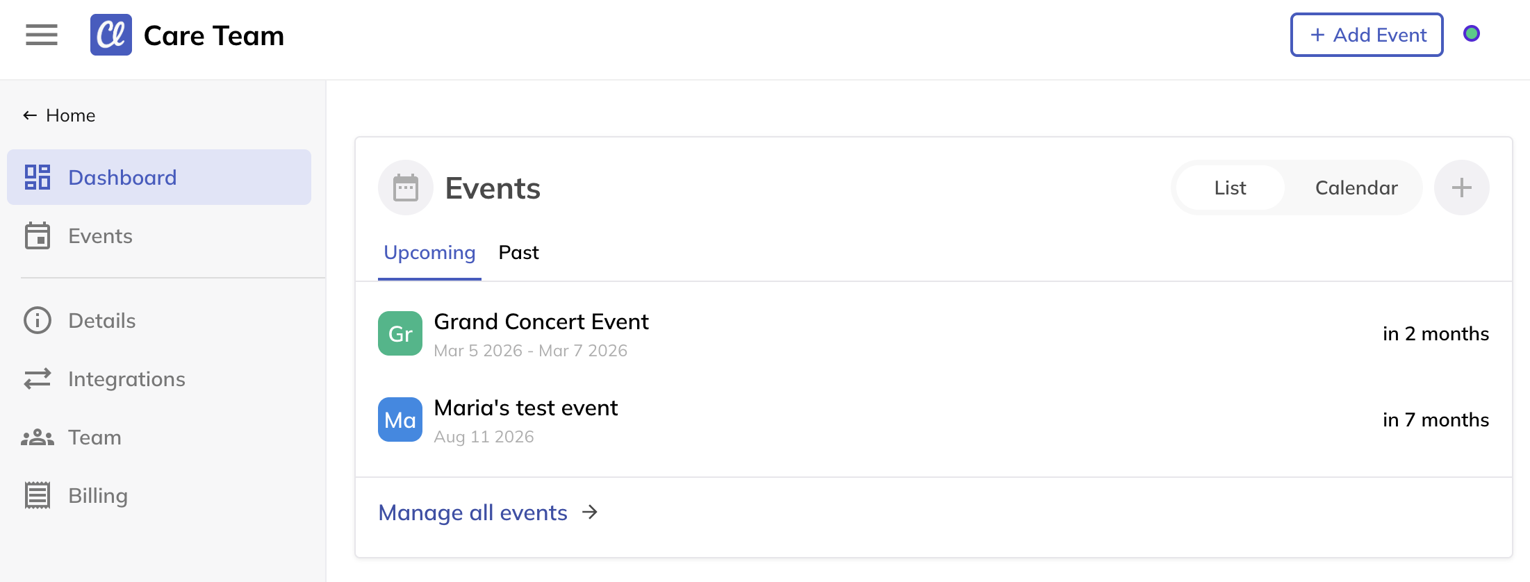screenshot of example Live Events dashboard