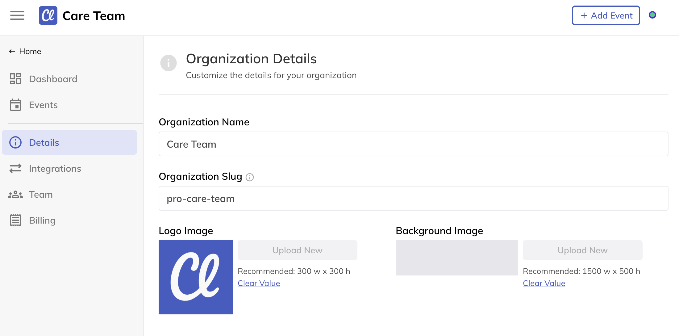 screenshot of example Live Events details page
