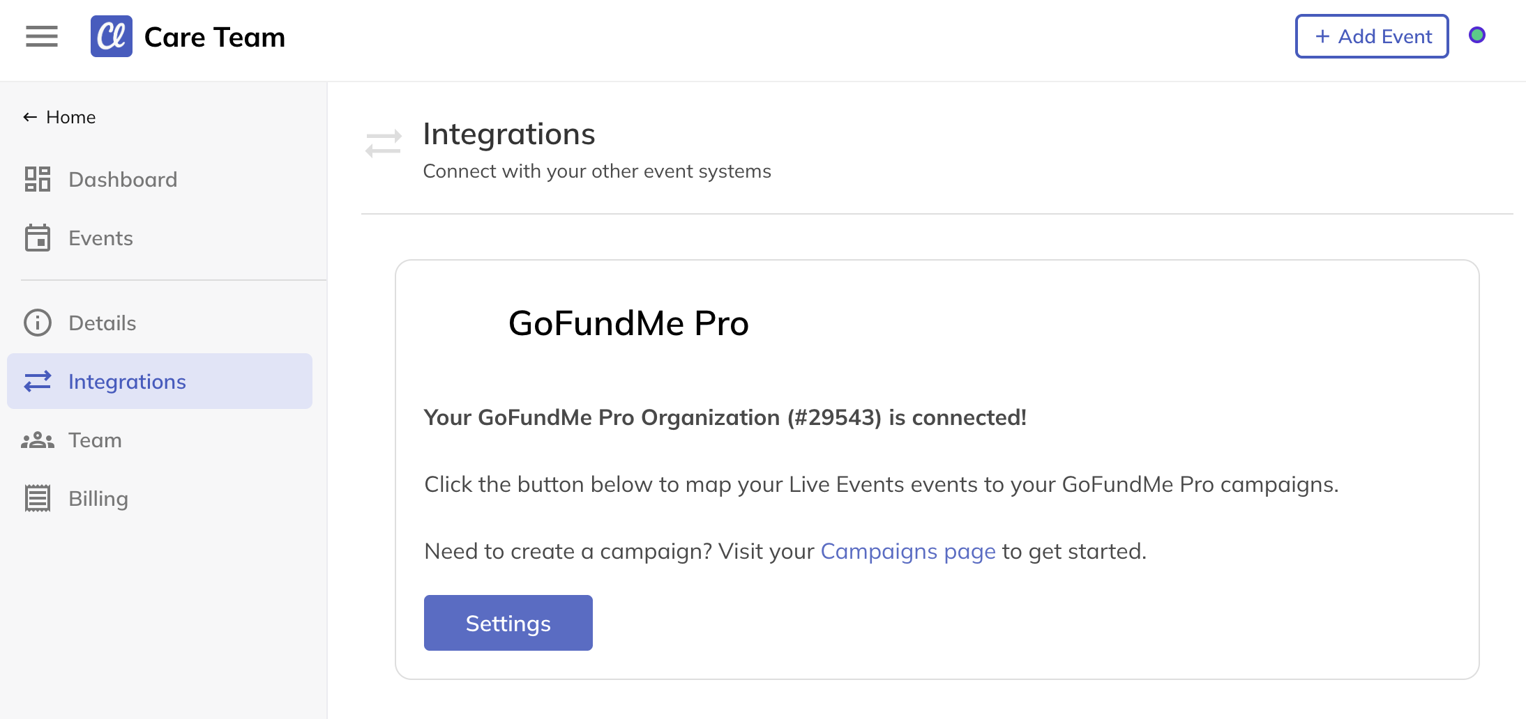 screenshot of example Live Events integrations page