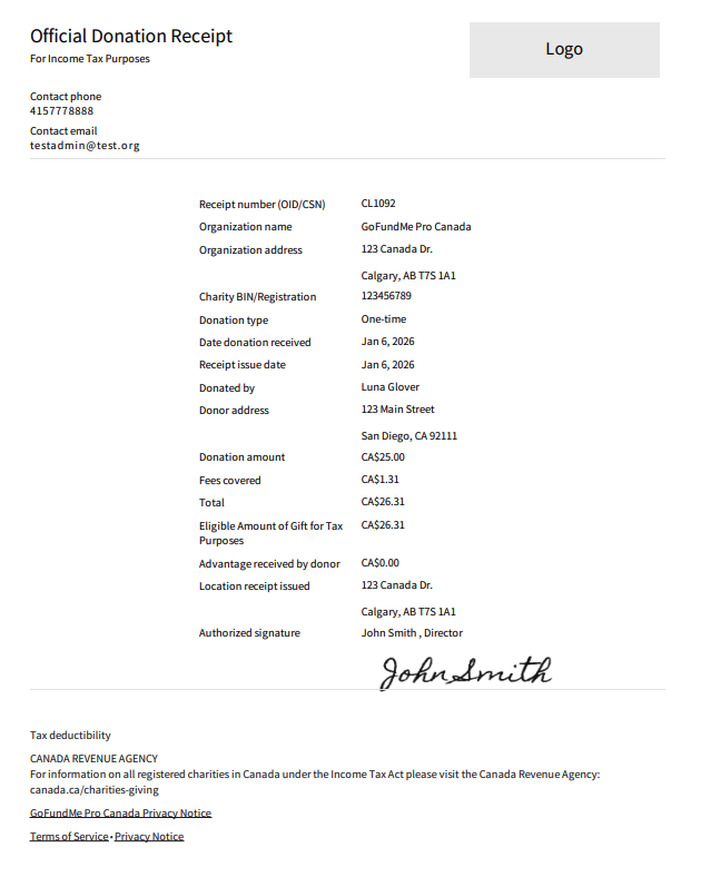 screenshot of an example receipt for a donation in Canadian dollars