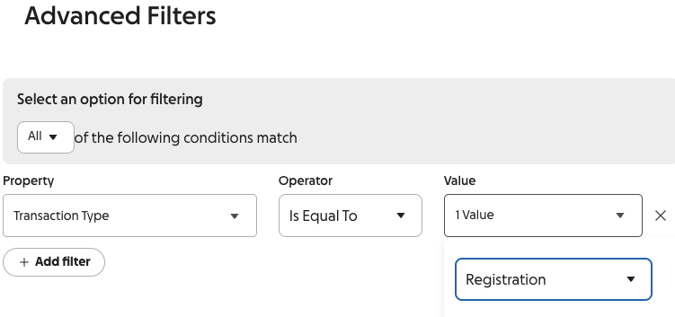 screenshot of adding an advanced filter to the transactions report