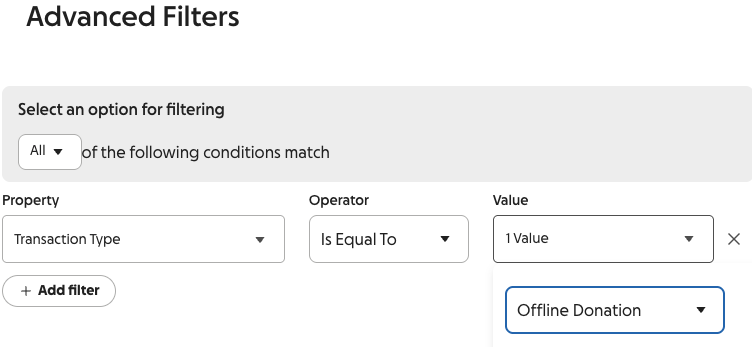 screenshot of offline donation filter in Transactions report