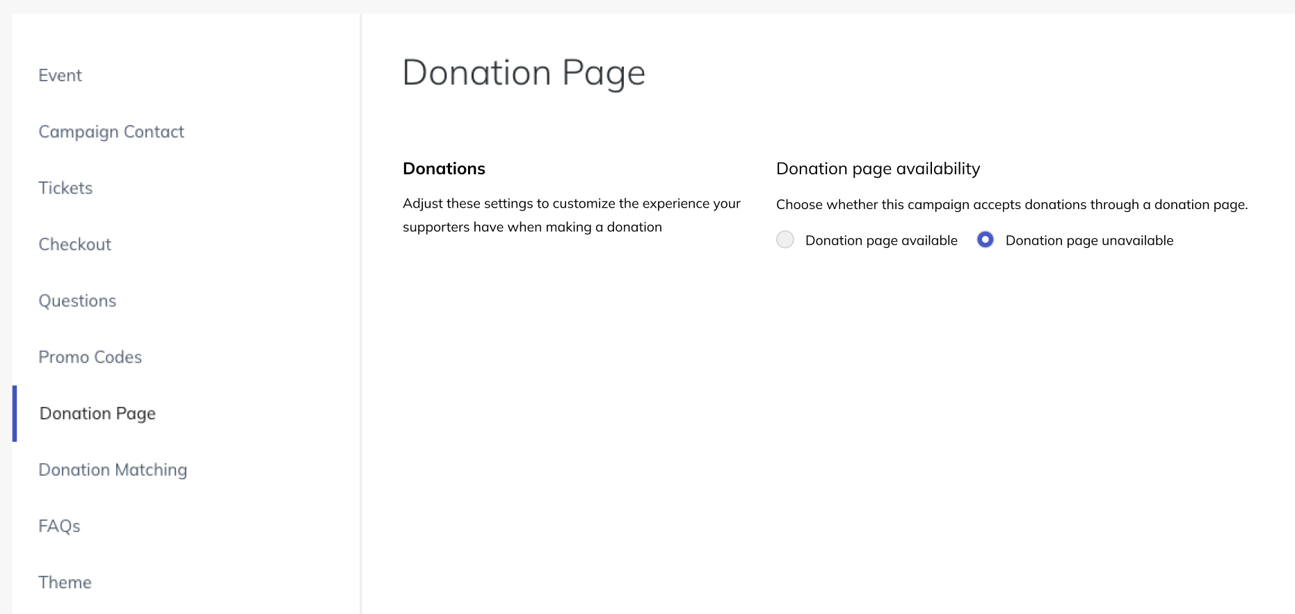 screenshot of donation page availability setting in event details