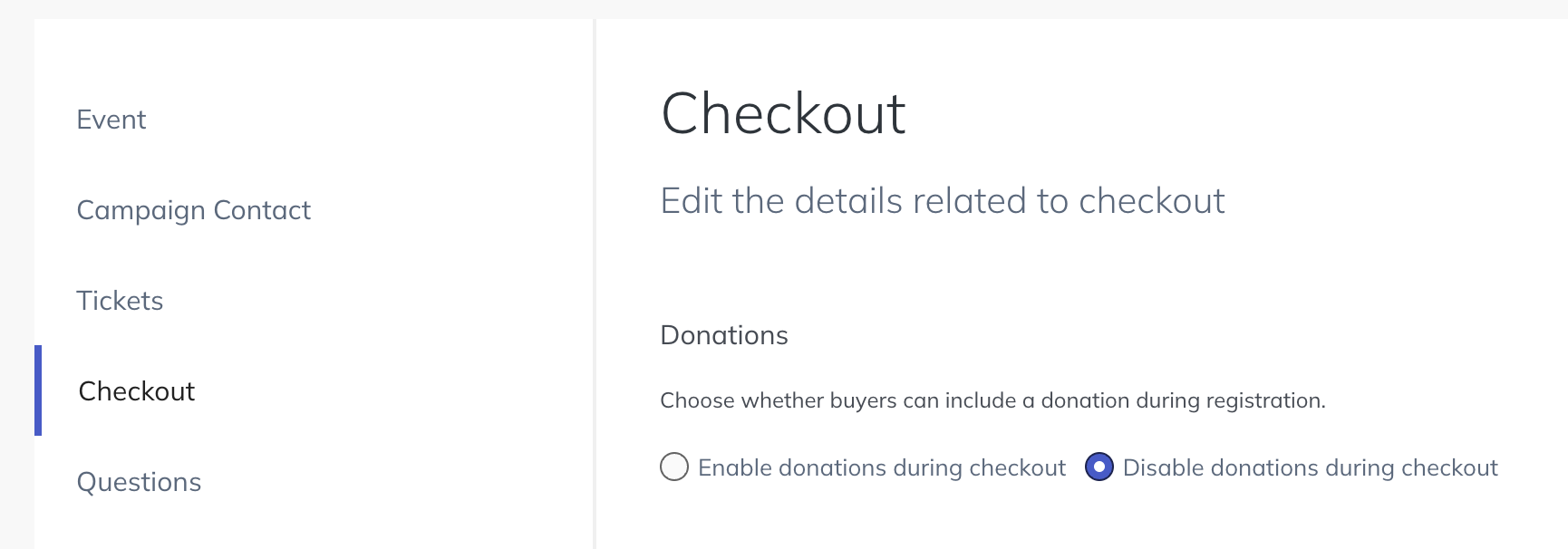 screenshot of event settings for checkout donations