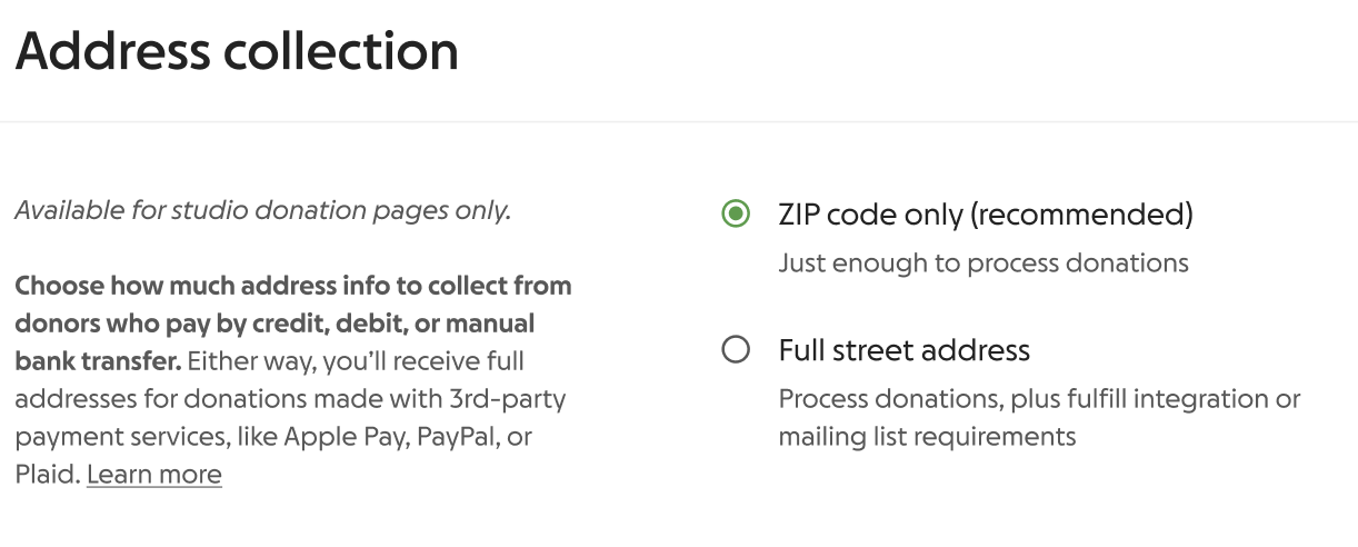 screenshot of address collection settings