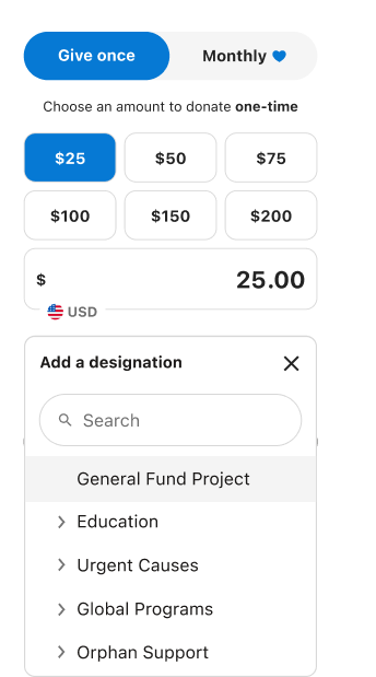 screenshot of designation options presented to supporter on the donation page