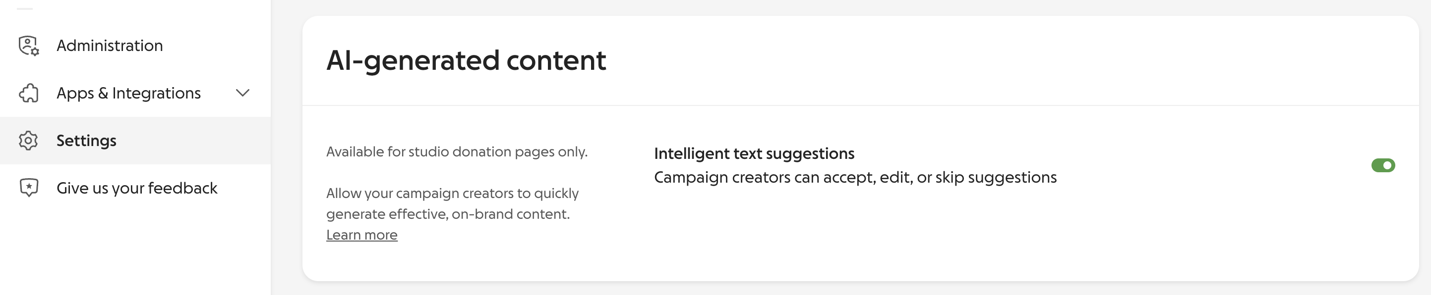 screenshot of AI-generated content settings