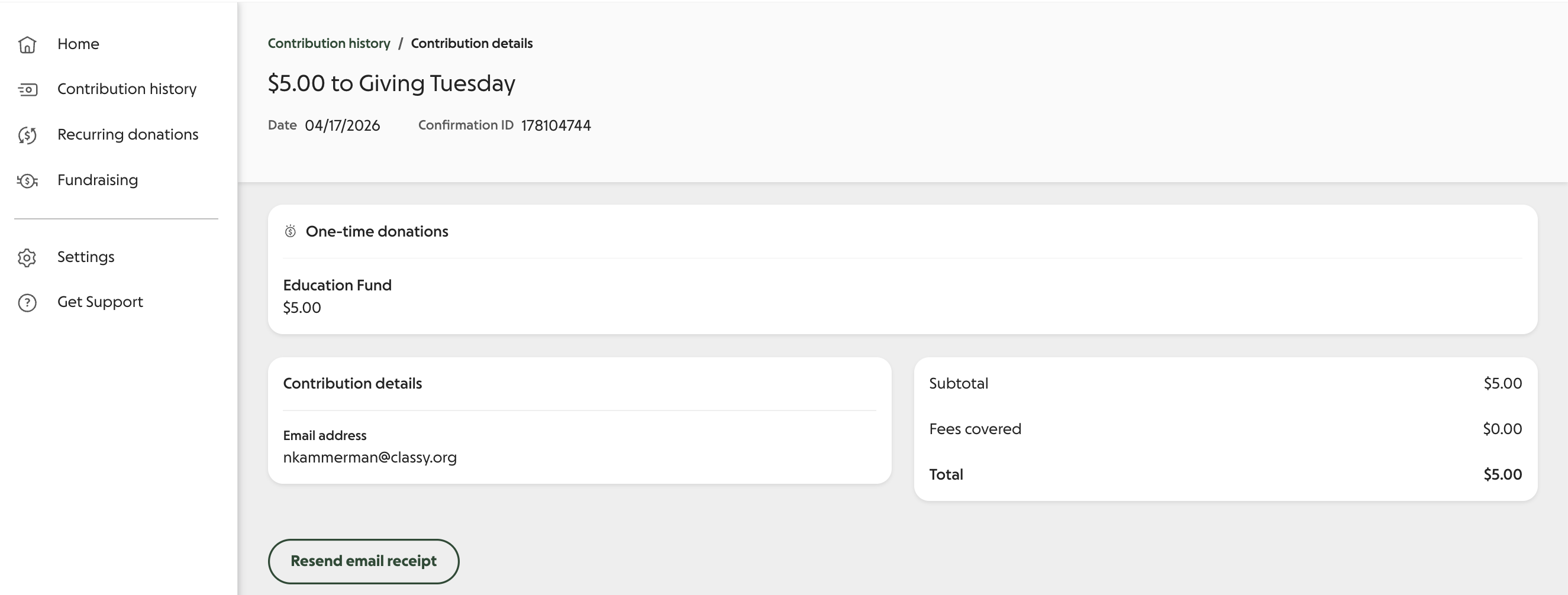 screenshot of resend email receipt