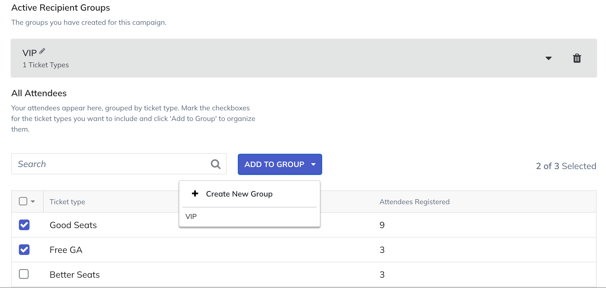 screenshot of adding recipient groups in event email settings