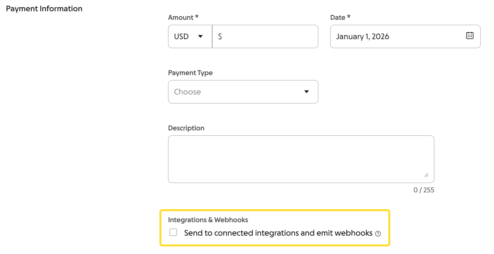 screenshot of integrations & webhooks checkbox on an offline donation