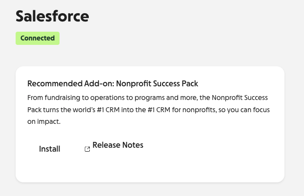screenshot of recommended add-on banner to install NPSP extension