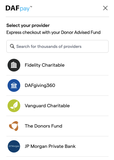 screenshot of DAFpay providers for donor to select