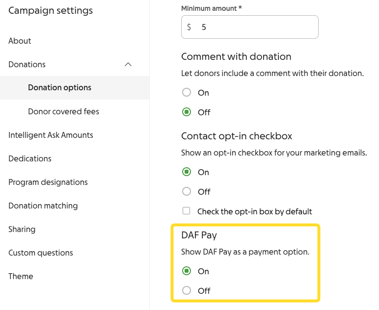 screenshot of DAFpay setting in campaign settings