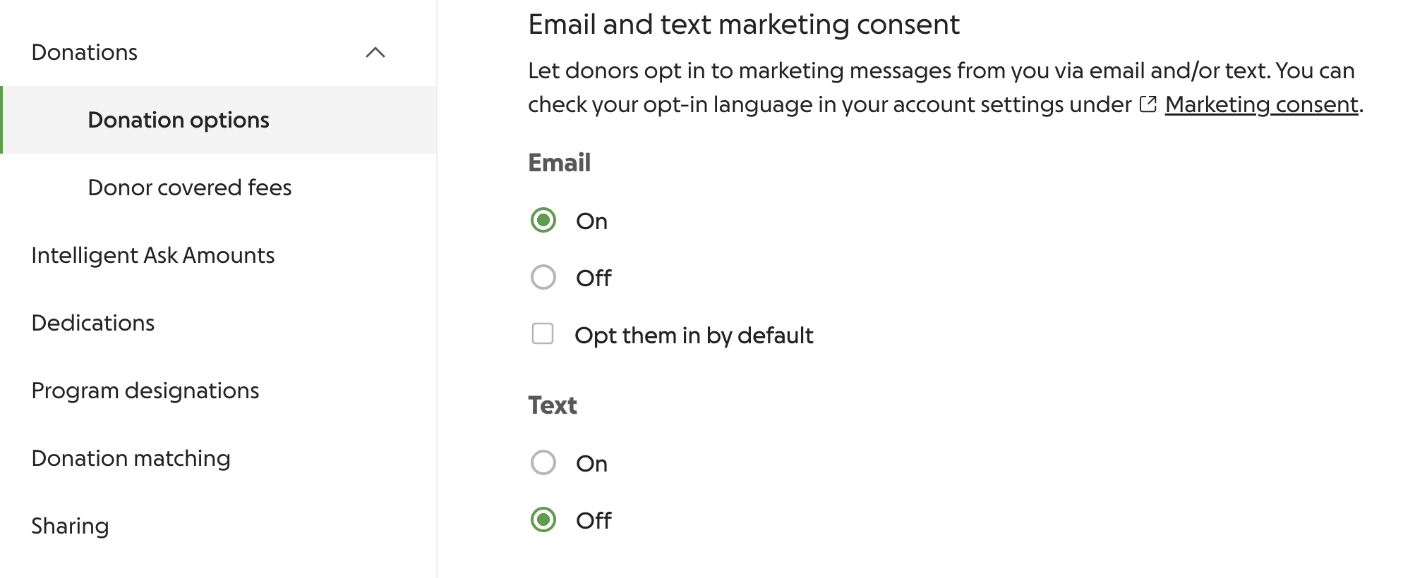 screenshot of marketing consent settings in a Studio campaign
