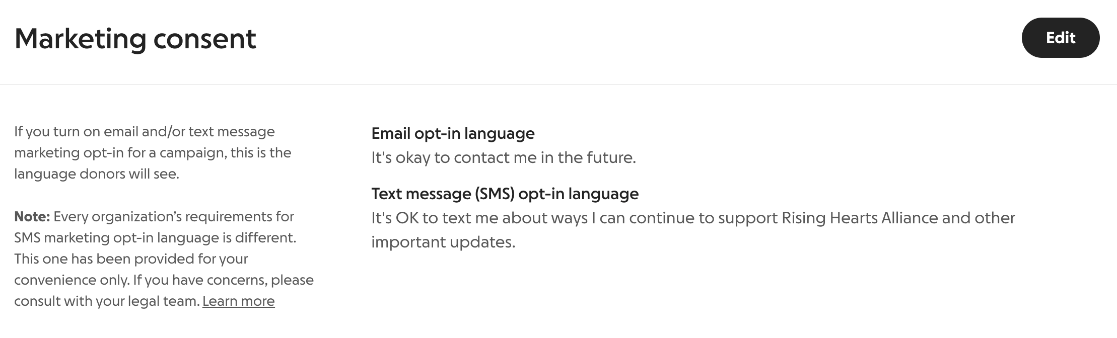 screenshot of marketing consent settings