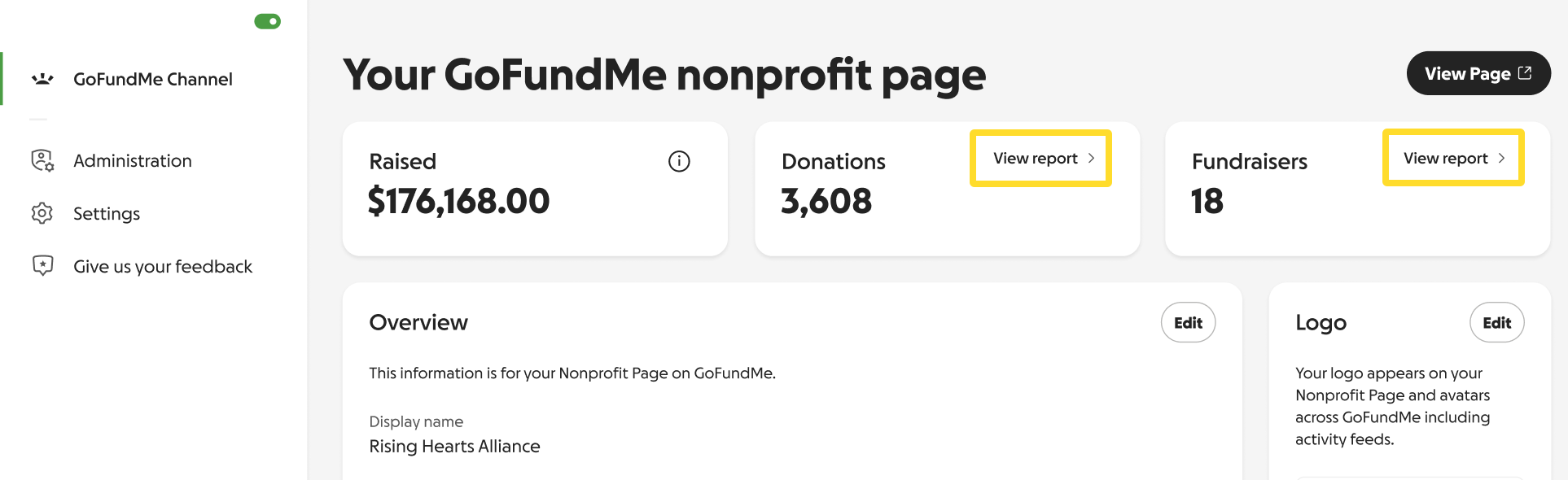 image of GoFundMe Channel page with highlights around view report options for Donations and Fundraisers.