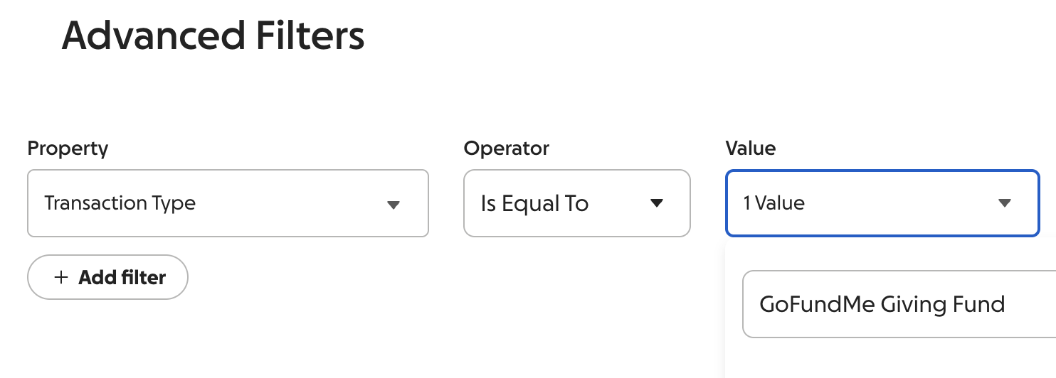 screenshot of GoFundMe Giving Fund advanced filter option