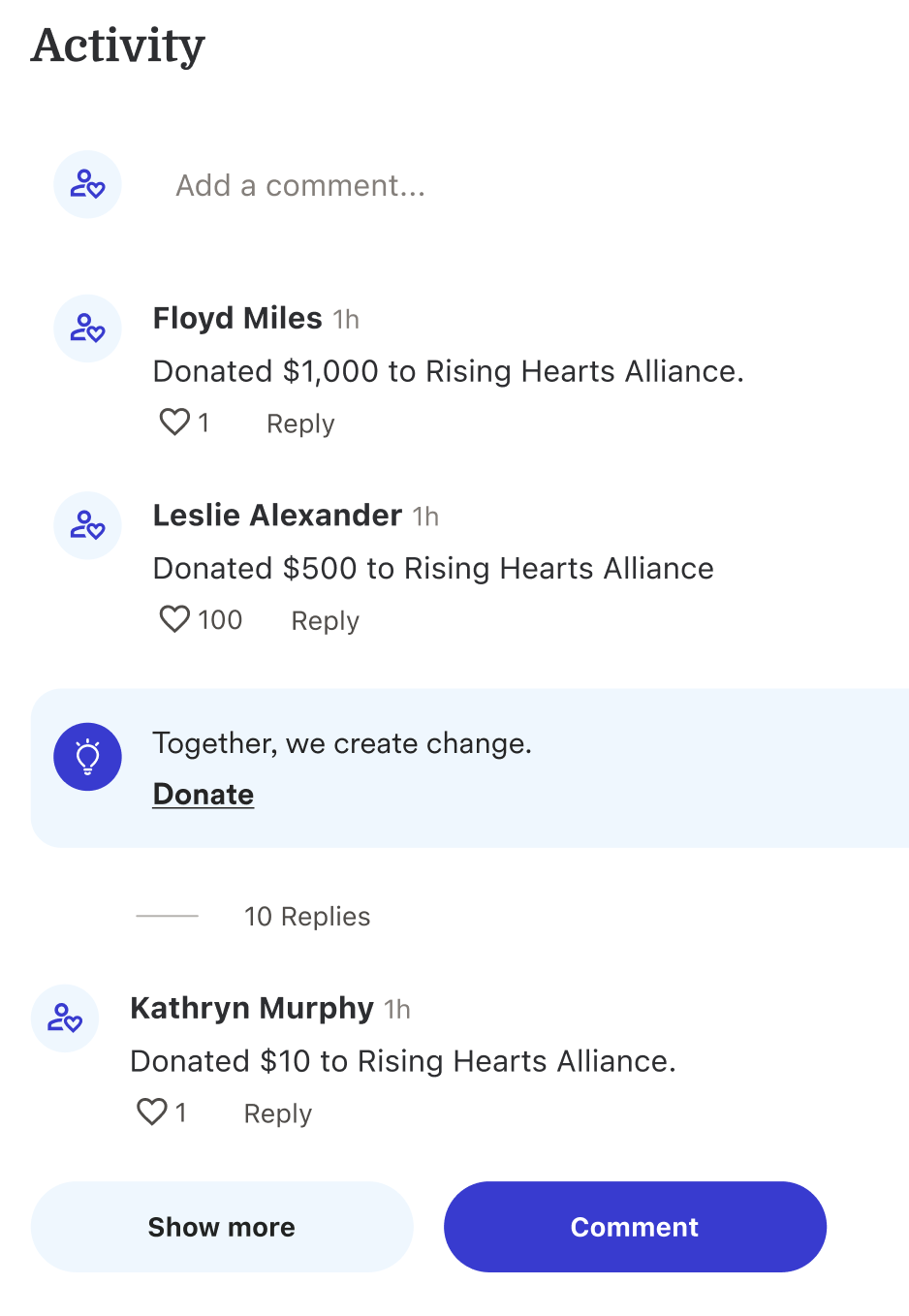 screenshot of example activity feed with donation nudge