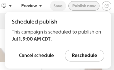 screenshot of the scheduled publish icon and the options available