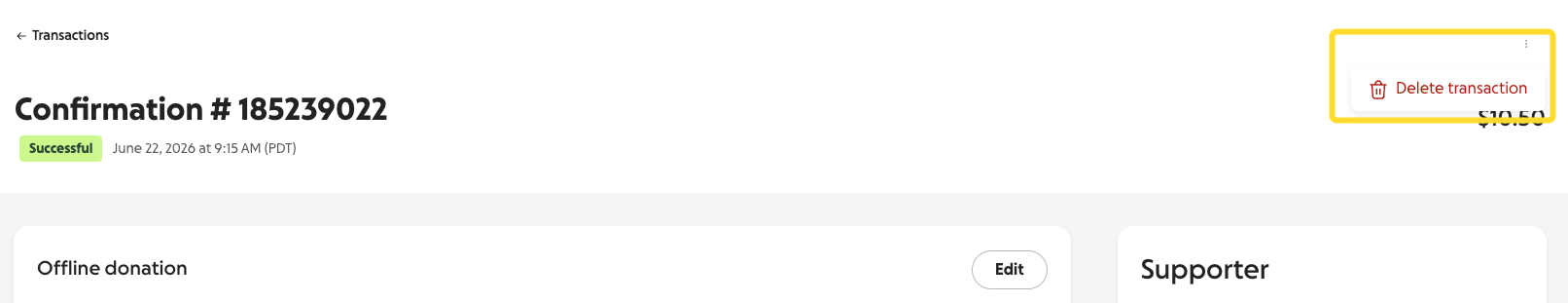 screenshot of delete transaction button for an offline donation