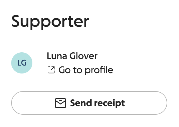 screenshot of supporter information on an offline donation with send receipt button
