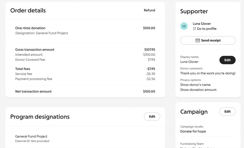 video of an admin selecting the edit button under supporter information on a transaction and editing the comment details.