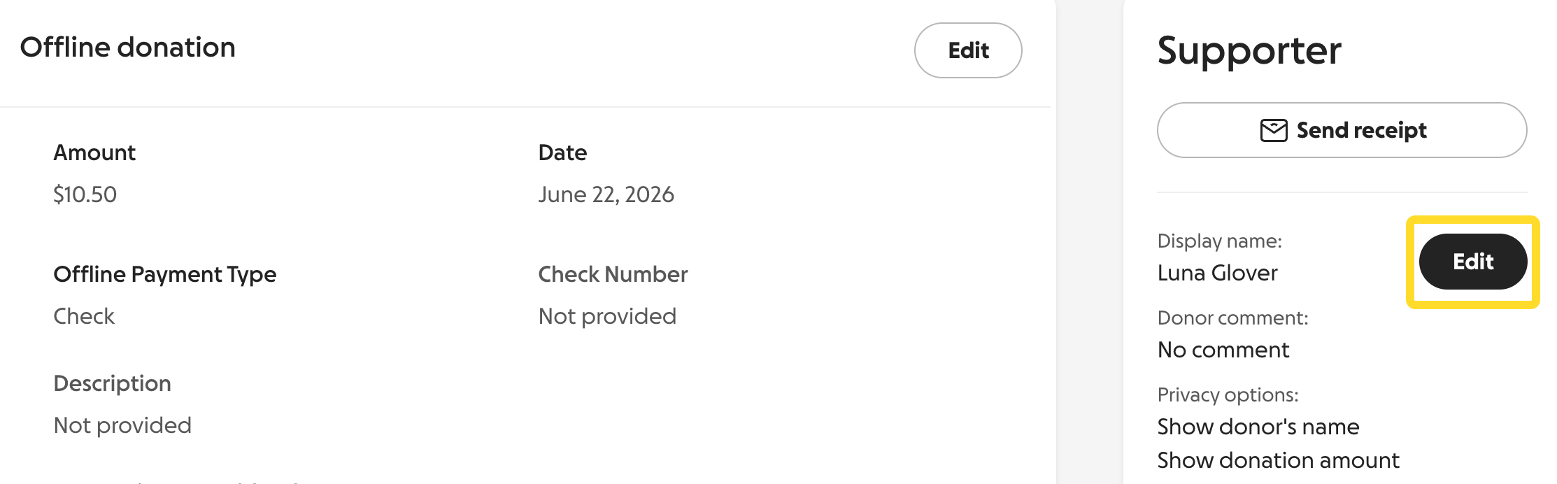 screenshot of edit button under supporter information on a transaction