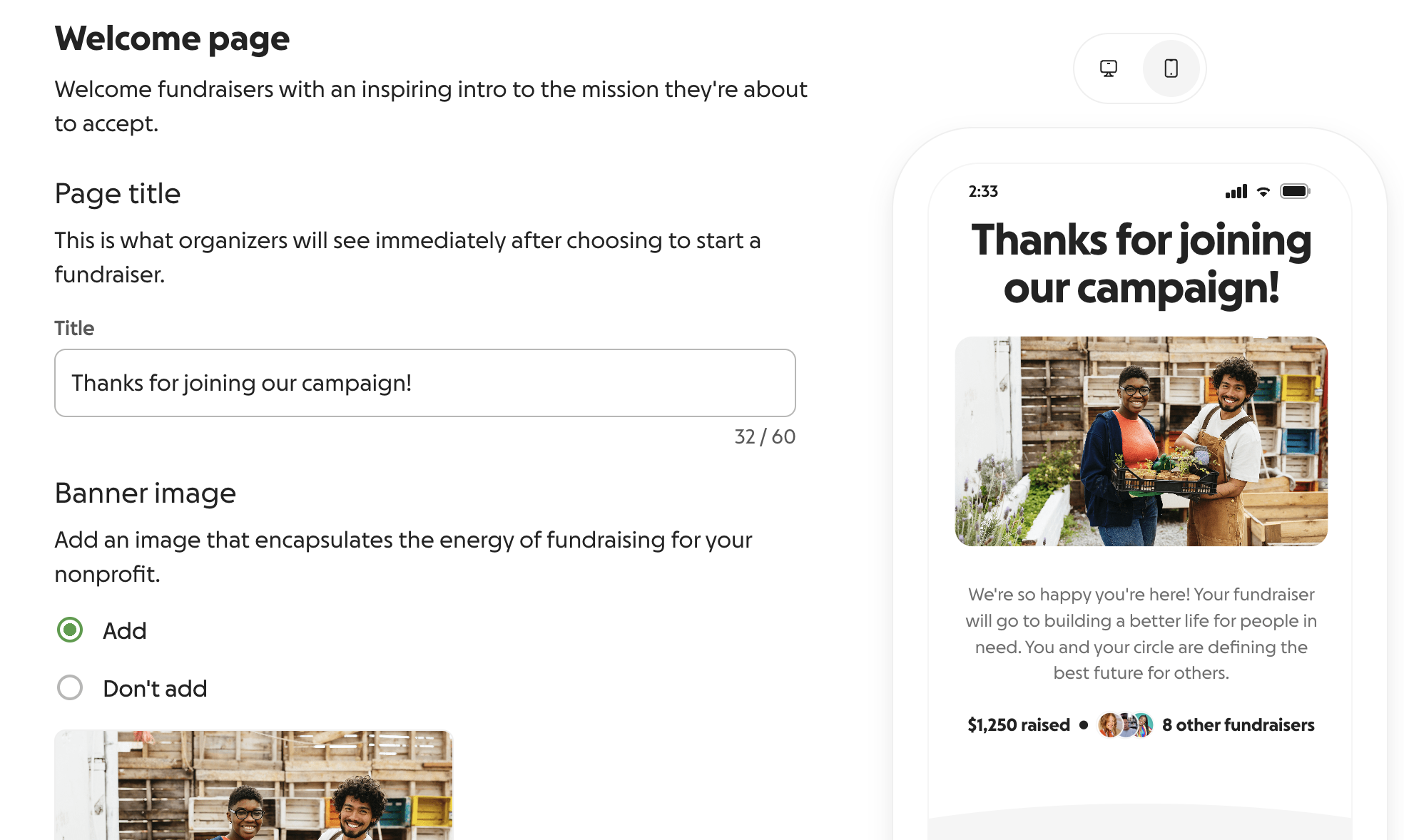 screenshot of welcome page settings and content preview