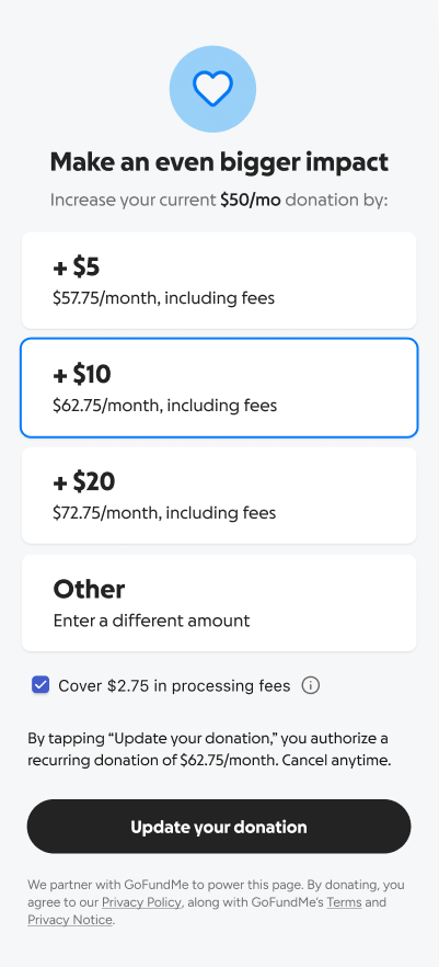 screenshot of donor view after the click upgrade links