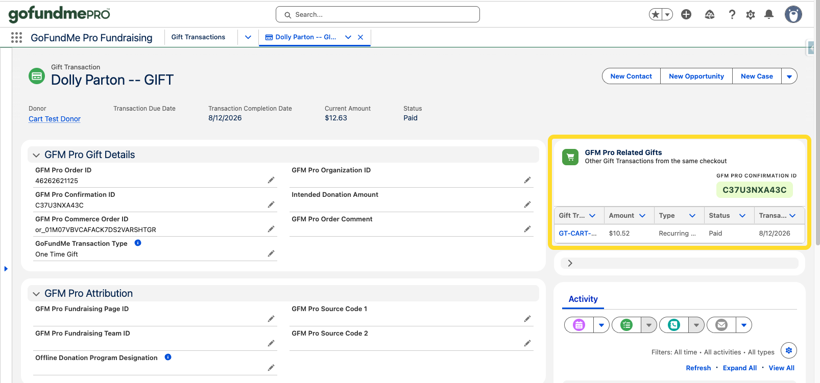 Screenshot of component added to a Gift Transaction record
