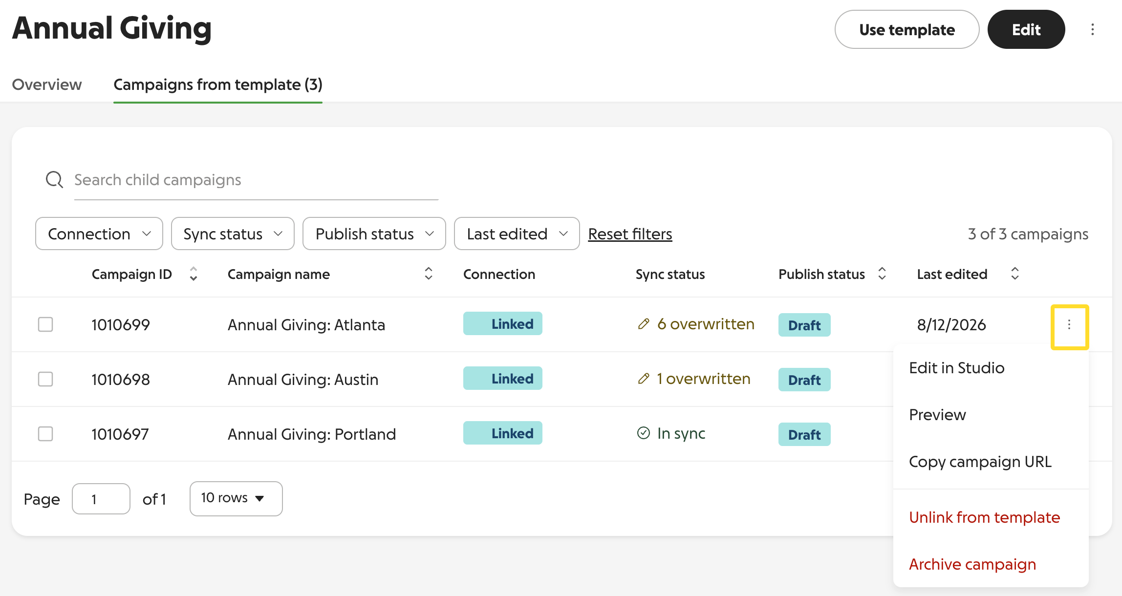 screenshot of a template child campaign list and additional actions