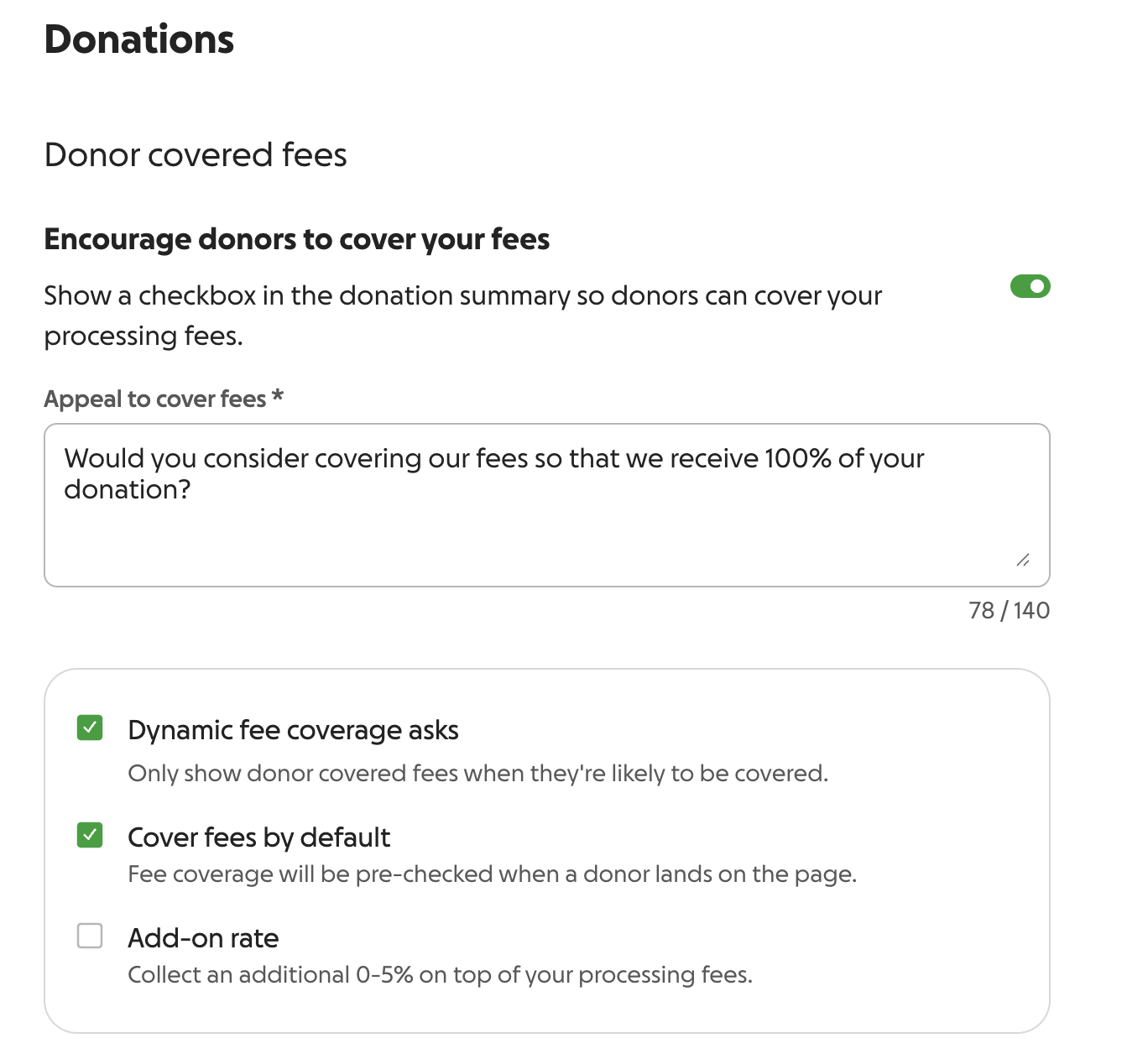 screenshot of donor covered fees settings in a Studio campaign